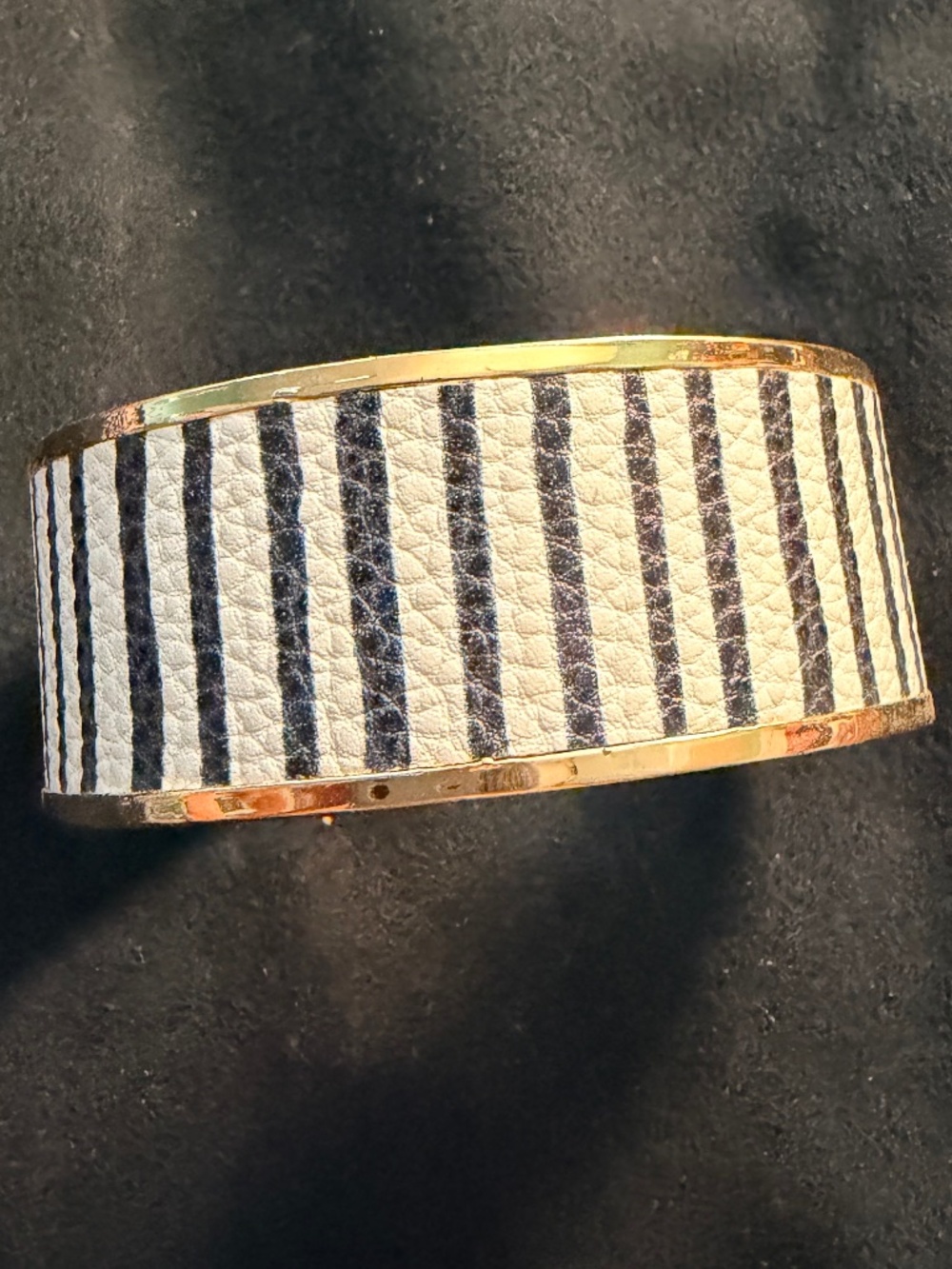 Black and White Stripe Vegan Leather and Gold Cuff Bracelet
